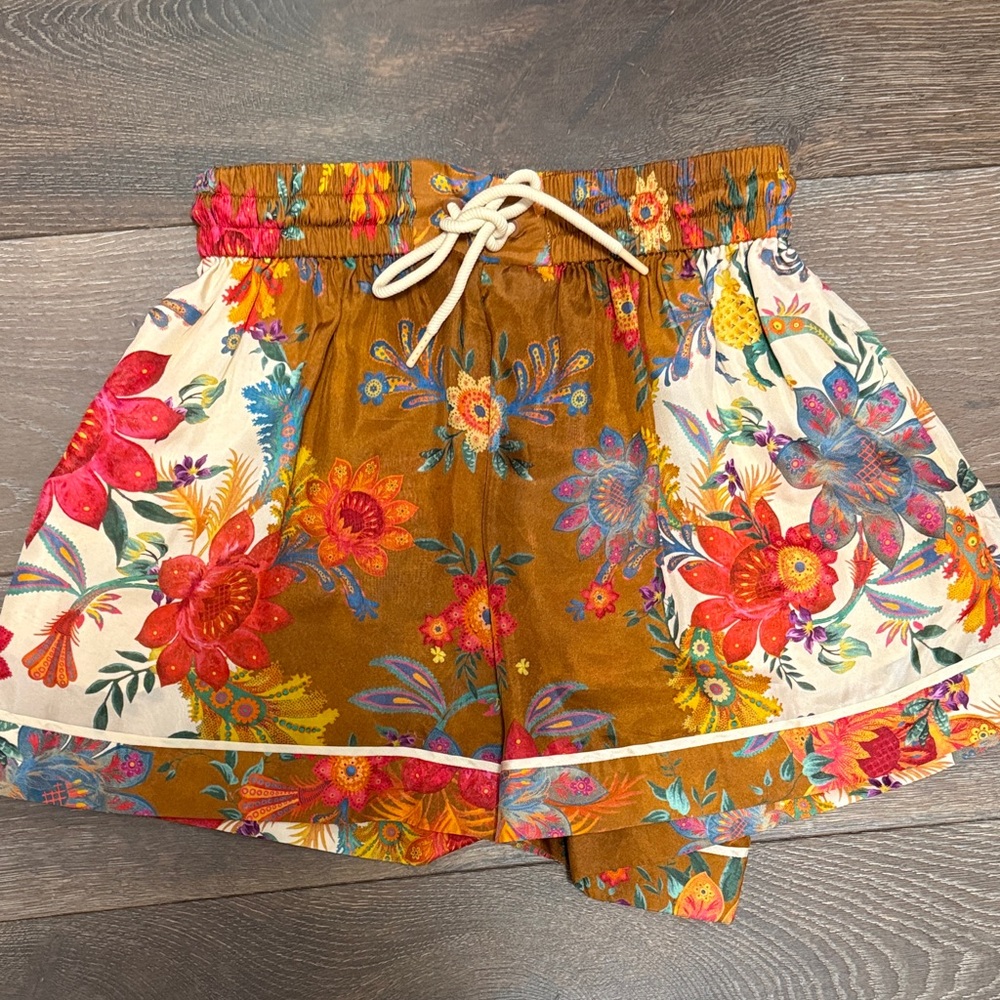 Zimmermann Floral Print Drawstring Shorts in Mustard & Cream